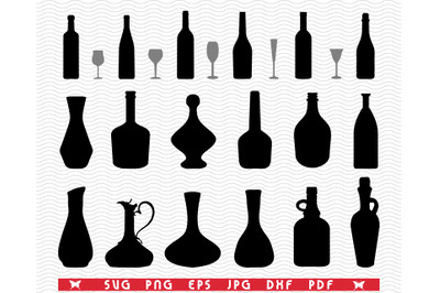 SVG Glasses, Bottles, Black silhouettes, Digital clipart