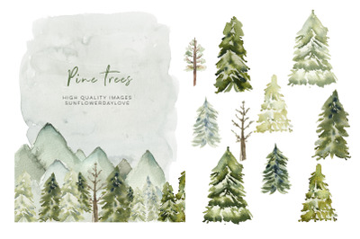 Watercolor Forest Green clipart&2C; Winter Pine Trees clipart