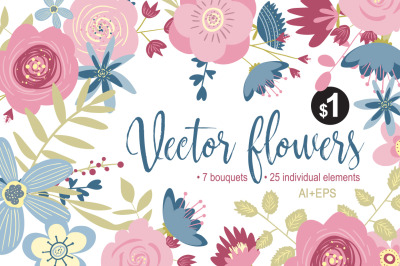 Gentle vector flowers elements &amp; bouquets