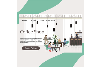 Coffee shop landing page, cafeteria interior with customers conversati