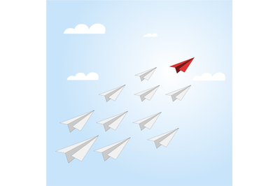 Red paper plane leads business team. Paper plane vector flying