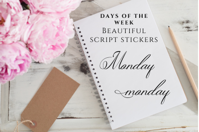 Calligraphic and Elegant Black Days of the Week Script Stickers