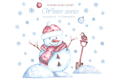 Watercolor clipart Snowman, Christmas house, natural decor