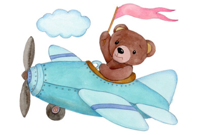 Teddy on Plane. Watercolor illustration.