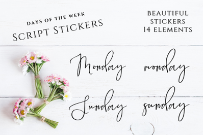 Handdrawn Calligrapfic Scripts Stickers, Days of Week Clipart