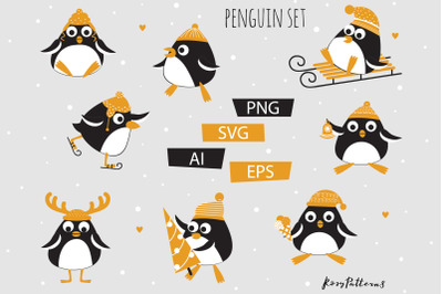 Winter funny penguins clipart