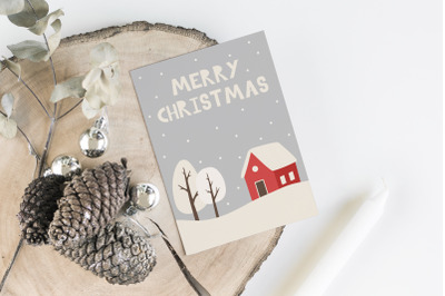 Printable christmas card with winter landscape and lettering