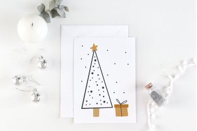 Printable christmas card with pine tree and gift