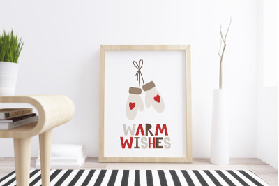 Printable christmas card with mittens and lettering