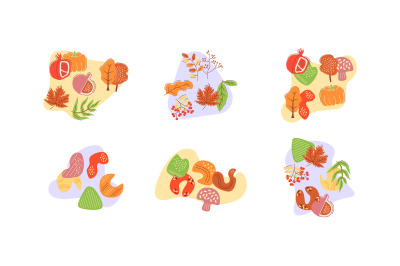 Foraging vegetables and mushrooms in autumn flat vector concept illust