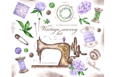 Watercolor clipart Sewing kit. PNG format. Sewing machine clipart.