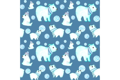 Polar bears watercolor seamless pattern. Christmas, New Year pattern