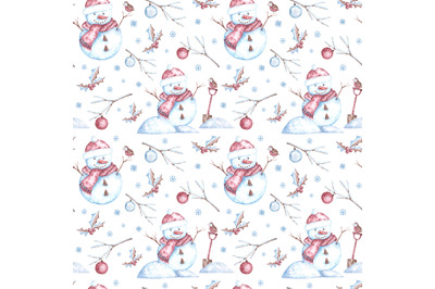 Snowman watercolor seamless pattern. Christmas, new year pattern