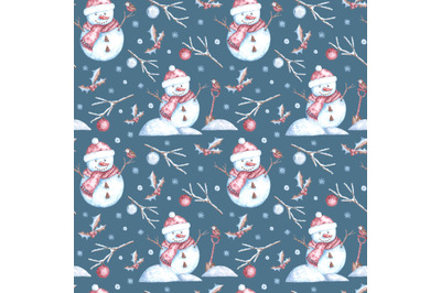 Christmas snowman watercolor seamless pattern (digital paper) New year