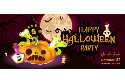 Happy halloween party flat banner vector template