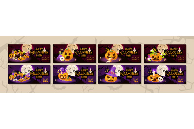 Happy halloween party flat banner vector templates set