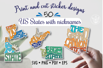 Bundle - print and cut svg png stickers, US states nicknames