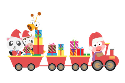 animal cartoon with train and gift