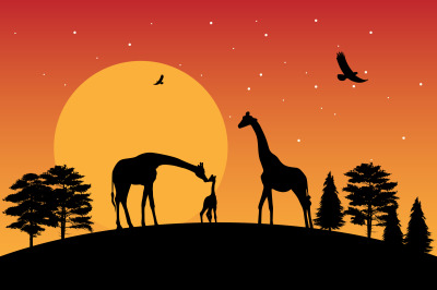 cute giraffe family silhouette, simple vector illustration