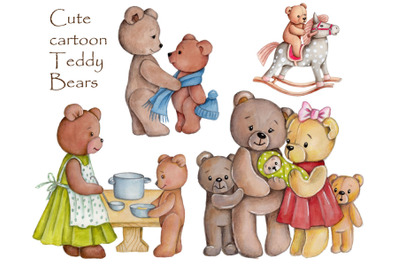 Cute cartoon Teddy Bears. Watercolor illustrations.