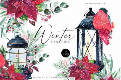 Watercolor winter lantern clipart, cozy christmas design elements