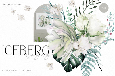 Watercolor white flowers clipart, Greenery tropical clipart with white