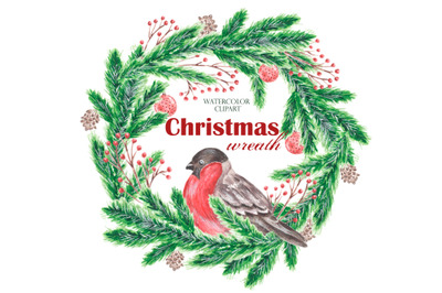 Watercolor clipart Christmas bullfinch. New Year&2C; Christmas wreath PNG