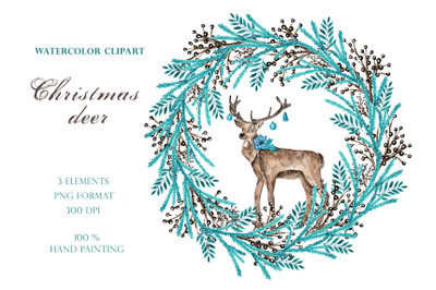 Watercolor clipart Christmas wreath. Christmas deer&2C; winter plants.