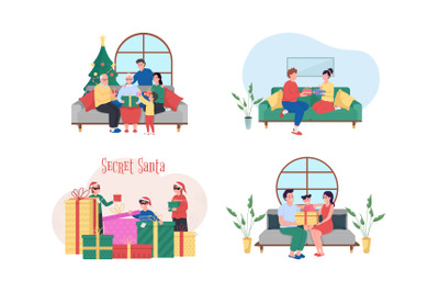 Christmas gift exchange 2D vector web banner&2C; poster set