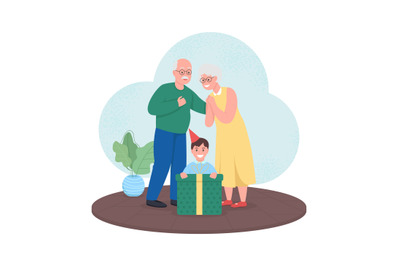 Grandparents give gift to boy 2D vector web banner&2C; poster