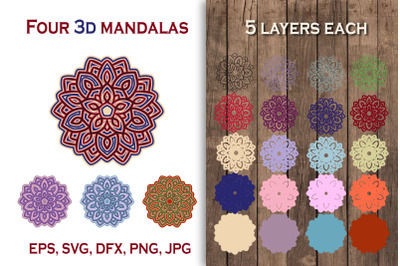 3D mandalas in four color versions.