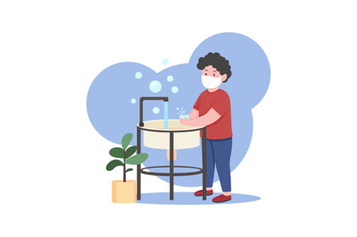 Child washes hands flat concept vector illustration