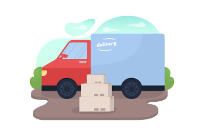 Delivery truck and package boxes 2D vector web banner&2C; poster