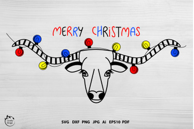 Merry christmas lettering Cow head with Christmas lights SVG