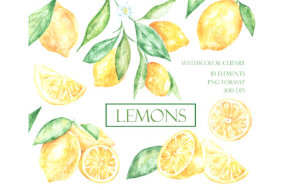 Lemon watercolor clipart. Lemons set. Slice of lemon. Citrus clipart.