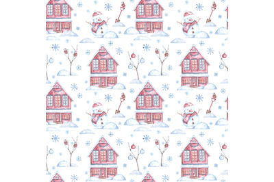 Christmas house and snowman watercolor seamless pattern. New Year