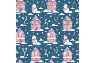 Christmas village watercolor seamless pattern. New Year Christmas