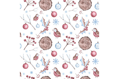 Winter nature watercolor seamless pattern. Christmas, New Year pattern