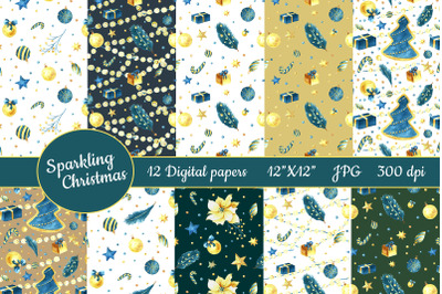 Christmas watercolor digital paper. 12 semless patterns