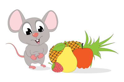 cute mouse and fruits, simple vector illustration