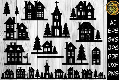 Christmas Night Buildings Scene SVG Silhouette Design Clipart Set