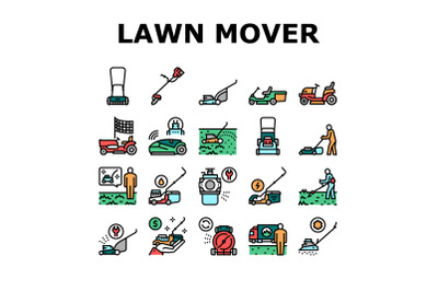 Lawn Mower Equipment Collection Icons Set Vector