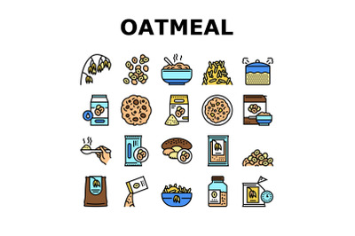 Oatmeal Nutrition Collection Icons Set Vector