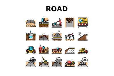 Road Construction Collection Icons Set Vector