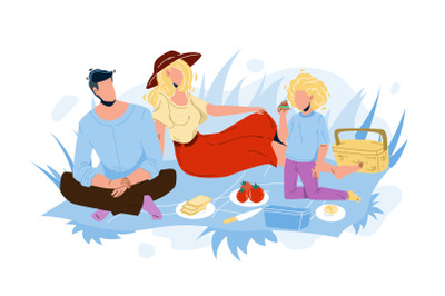 Family Picnic Man, Woman And Girl In Nature Vector