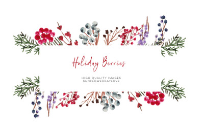 Christmas Berries&2C; Winter Berries&2C; Watercolor Christmas Clipart&2C;