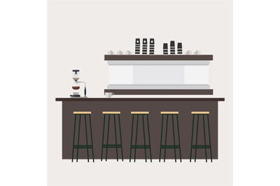 Empty bar counter, barista workplace. Vector professional cafeteria in