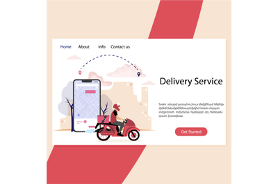 Delivery service landing page. Courier on scooter