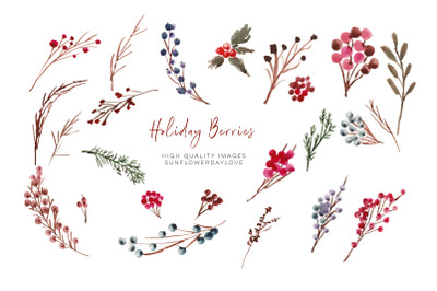 Winter Berries Wreath clipart, Watercolor Christmas Clipart