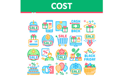 Cost Reduction Sale Collection Icons Set Vector